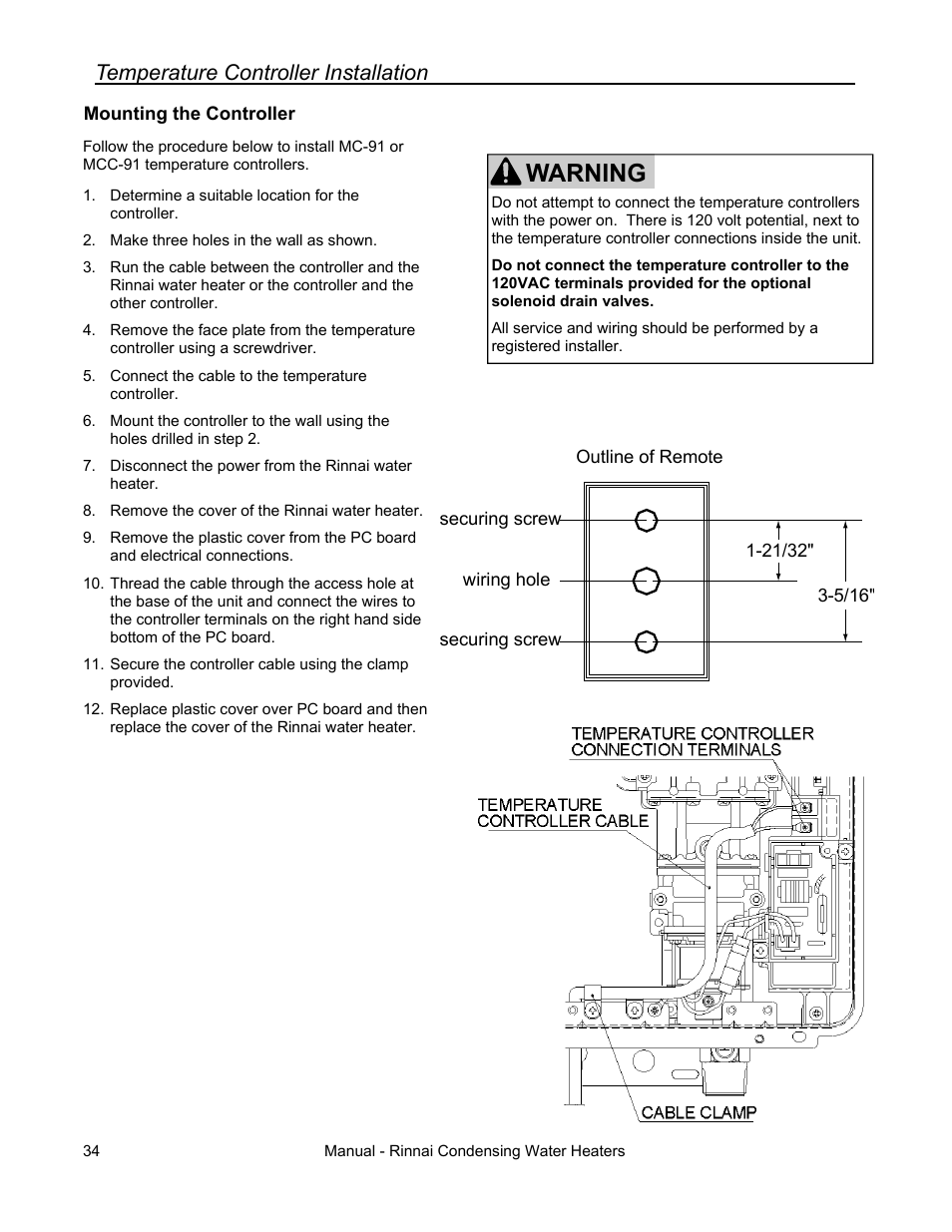 Warning, Temperature controller installation | Rinnai RC80HPI User Manual | Page 34 / 60