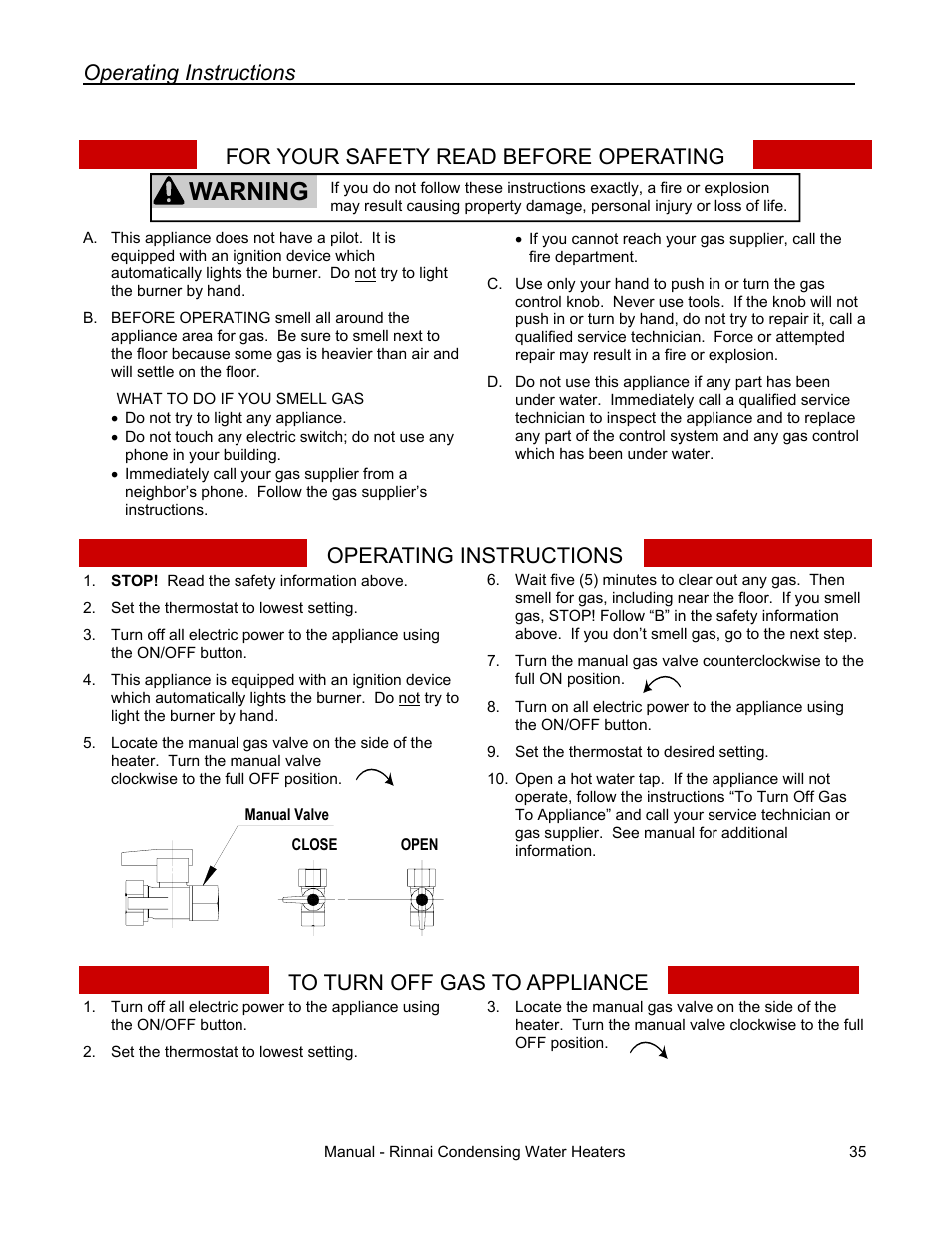 Warning, Operating instructions, For your safety read before operating | Rinnai RC80HPI User Manual | Page 35 / 60