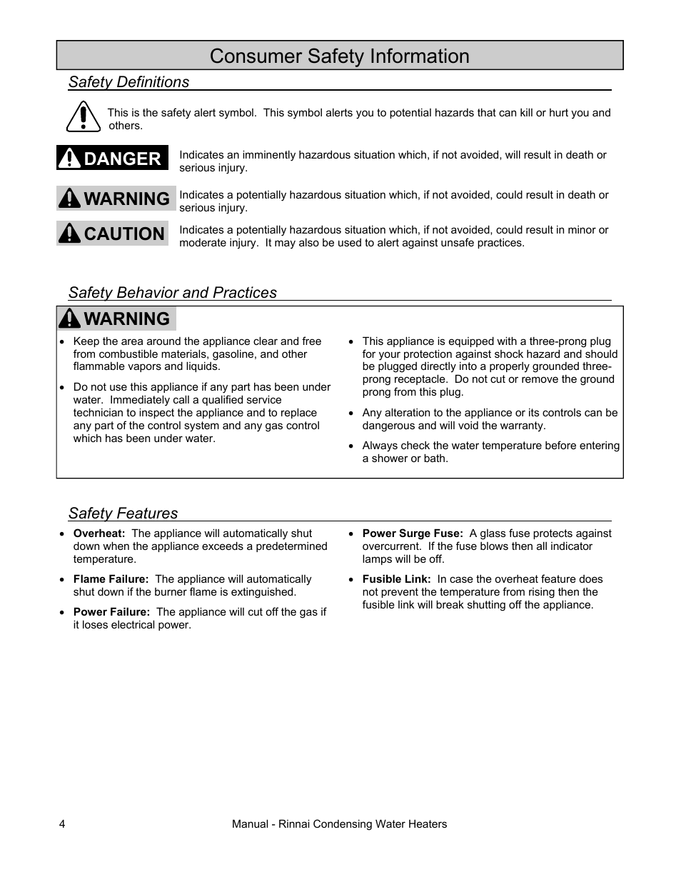 Consumer safety information, Warning, Danger caution warning | Rinnai RC80HPI User Manual | Page 4 / 60