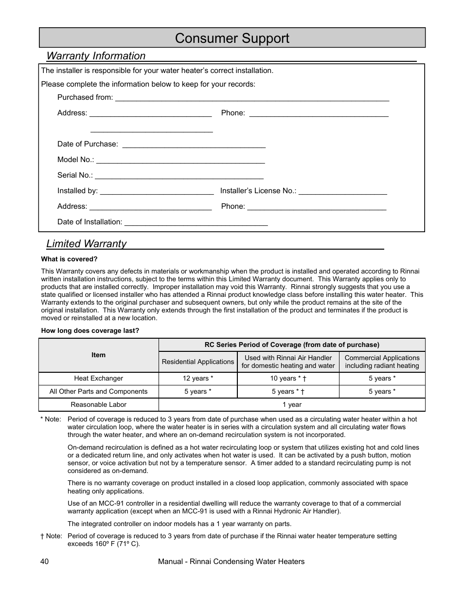 Consumer support, Limited warranty, Warranty information | Rinnai RC80HPI User Manual | Page 40 / 60