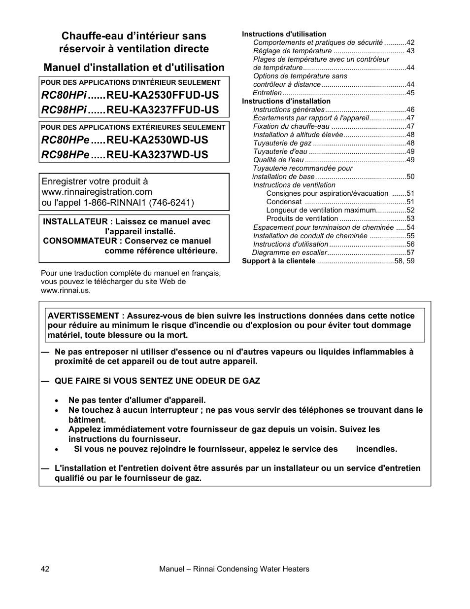 Manuel d'installation et d'utilisation | Rinnai RC80HPI User Manual | Page 42 / 60