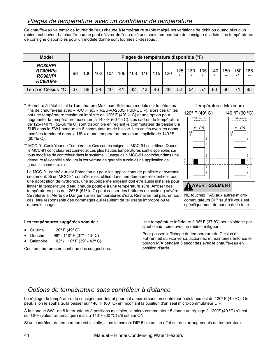 Plages de température, Avec un contrôleur de température, Options de température sans contrôleur à distance | Rinnai RC80HPI User Manual | Page 44 / 60