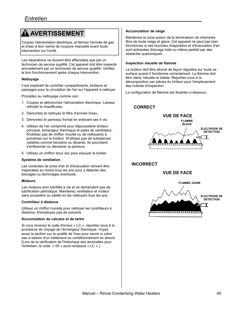 Avertissement, Entretien | Rinnai RC80HPI User Manual | Page 45 / 60