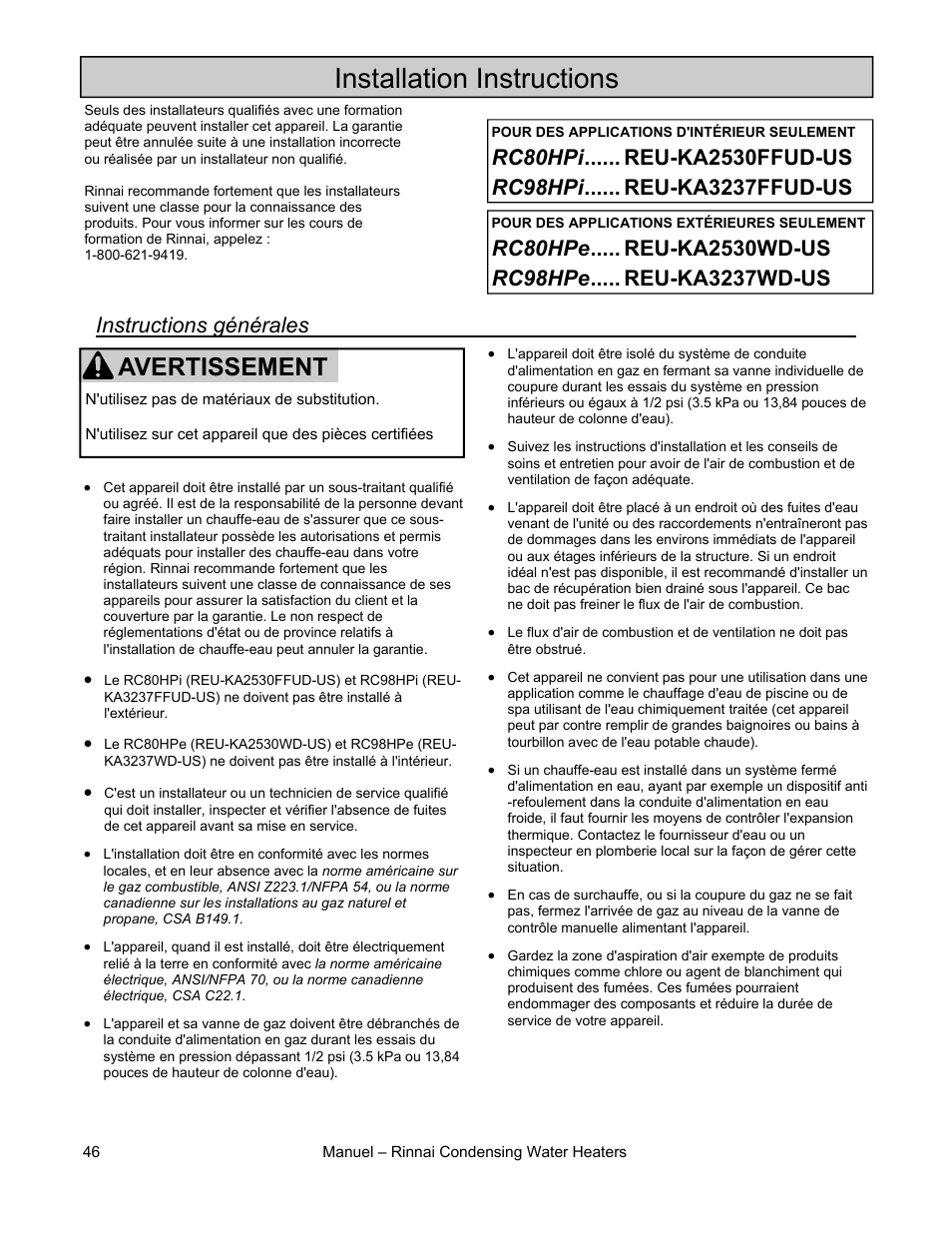 Installation instructions, Avertissement, Instructions générales | Rinnai RC80HPI User Manual | Page 46 / 60