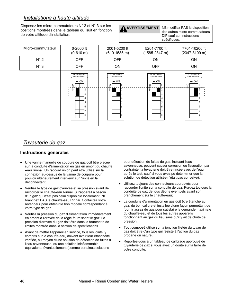 Installations à haute altitude, Tuyauterie de gaz, Instructions générales | Rinnai RC80HPI User Manual | Page 48 / 60