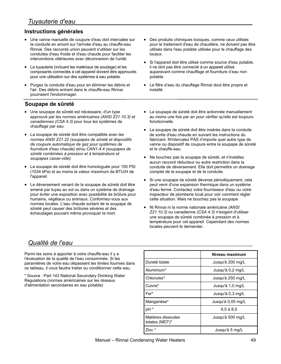 Tuyauterie d'eau, Qualité de l'eau | Rinnai RC80HPI User Manual | Page 49 / 60