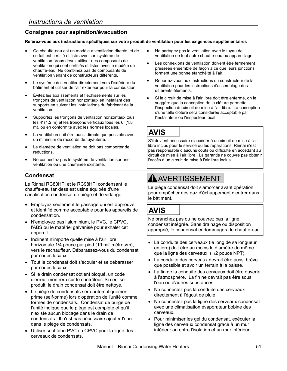 Avis, Avertissement, Instructions de ventilation | Rinnai RC80HPI User Manual | Page 51 / 60