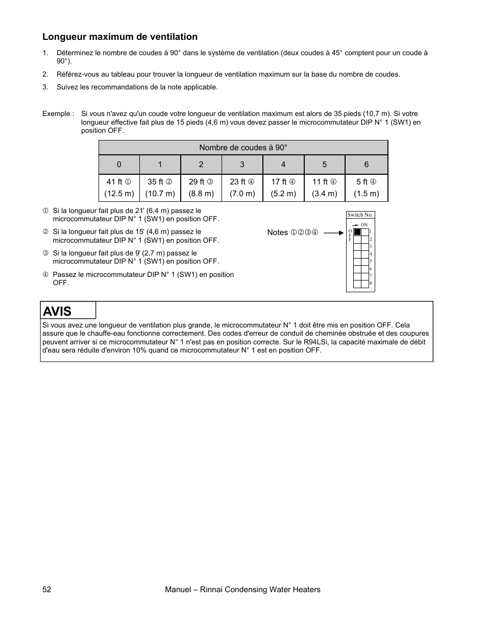 Avis, Longueur maximum de ventilation | Rinnai RC80HPI User Manual | Page 52 / 60