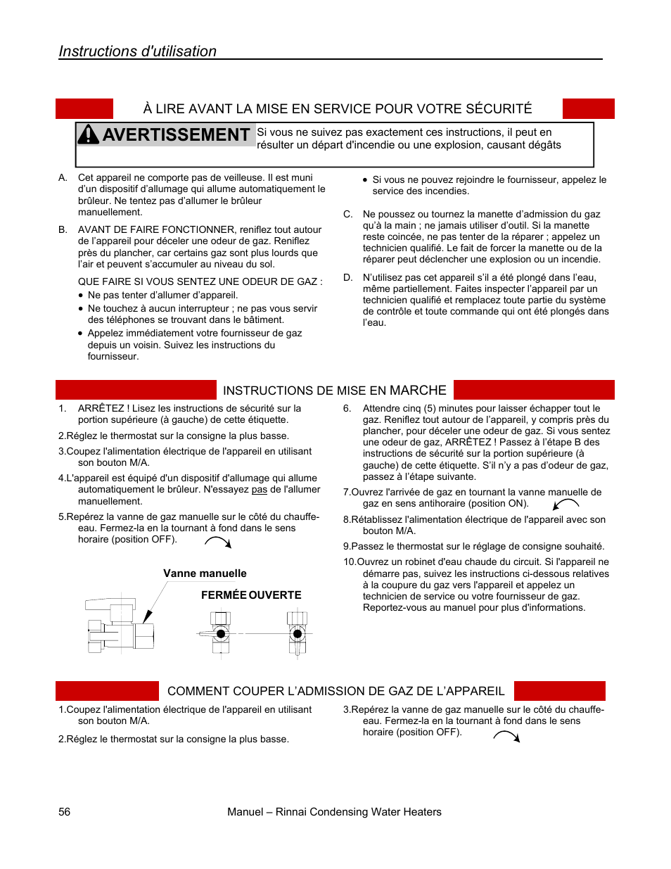 Avertissement, Instructions d'utilisation | Rinnai RC80HPI User Manual | Page 56 / 60