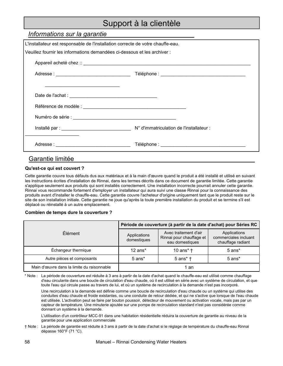 Support à la clientèle, Garantie limitée, Informations sur la garantie | Rinnai RC80HPI User Manual | Page 58 / 60