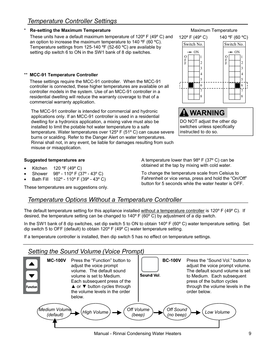 Warning, Setting the sound volume, Voice prompt) | Temperature controller settings | Rinnai RC80HPI User Manual | Page 9 / 60