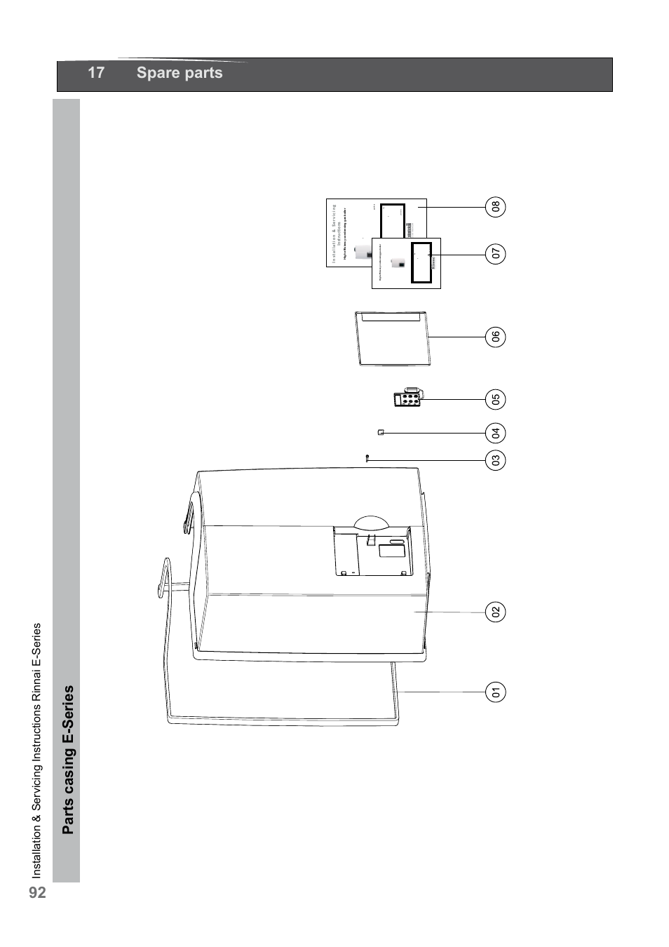 17 spare parts, Parts casing e-series | Rinnai E75CN User Manual | Page 92 / 108