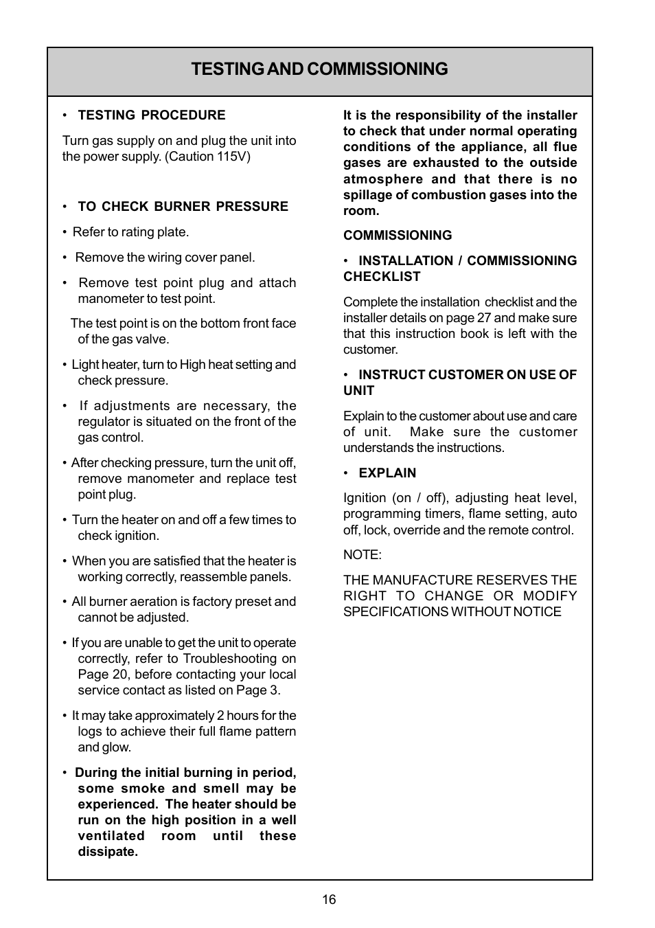 Testing and commissioning | Rinnai FS35ETRSN/US User Manual | Page 16 / 28