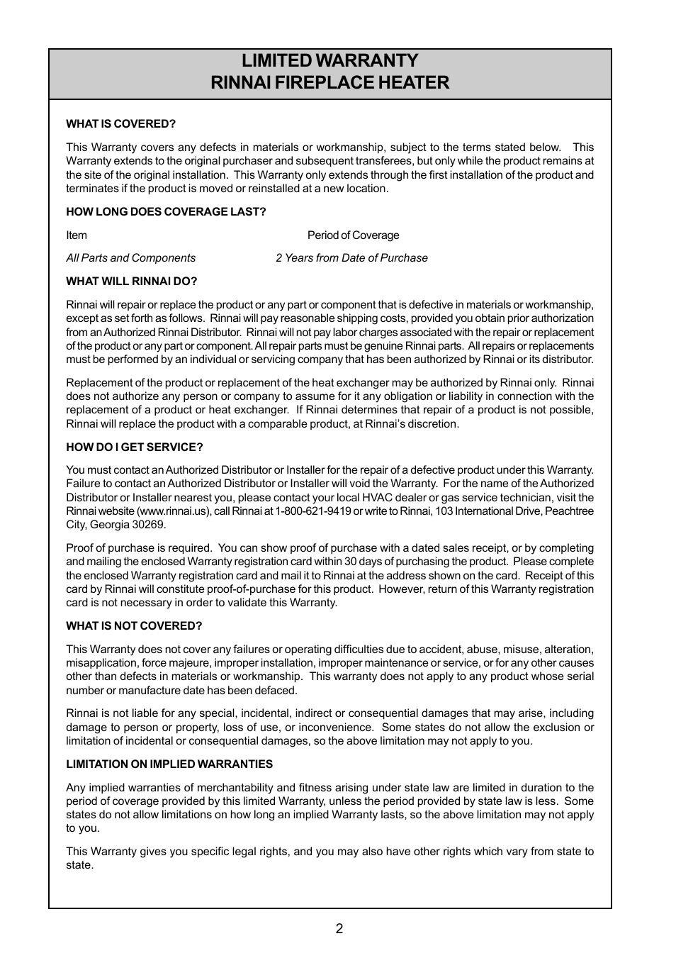 Limited warranty rinnai fireplace heater | Rinnai FS35ETRSN/US User Manual | Page 2 / 28