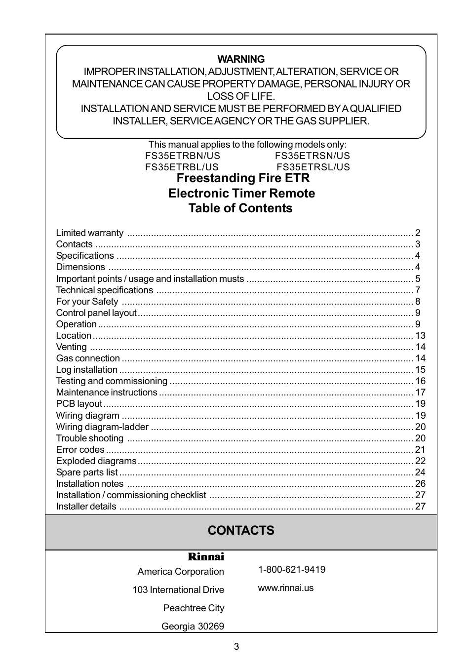 Contacts | Rinnai FS35ETRSN/US User Manual | Page 3 / 28