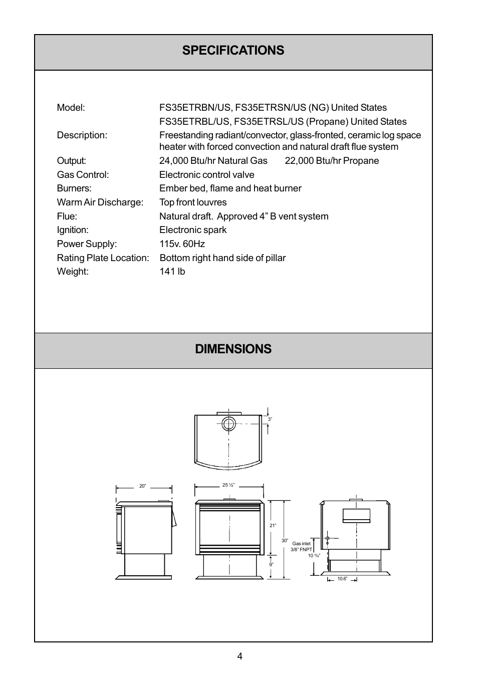 Specifications dimensions | Rinnai FS35ETRSN/US User Manual | Page 4 / 28