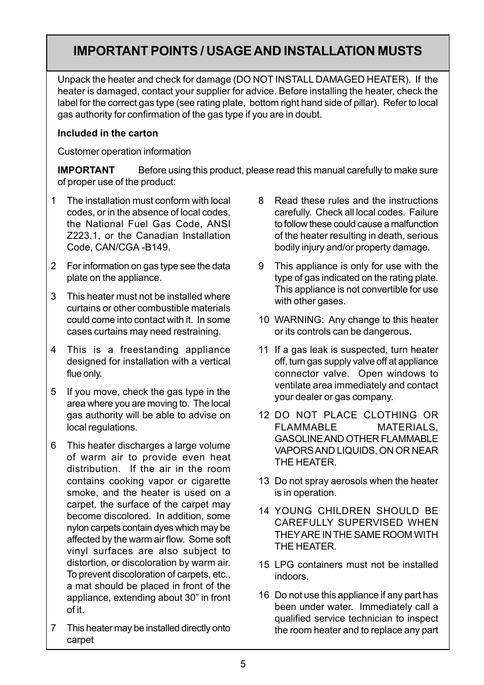 Important points / usage and installation musts | Rinnai FS35ETRSN/US User Manual | Page 5 / 28