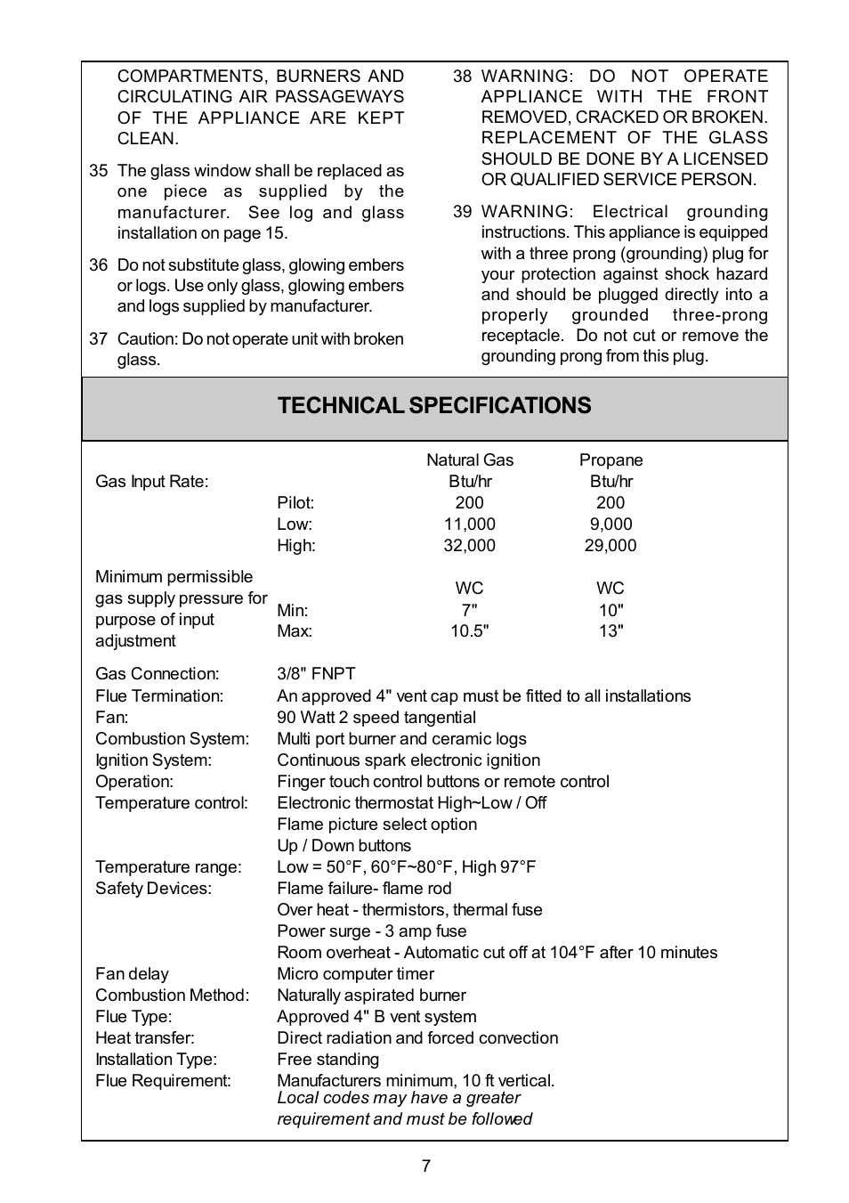 Technical specifications | Rinnai FS35ETRSN/US User Manual | Page 7 / 28