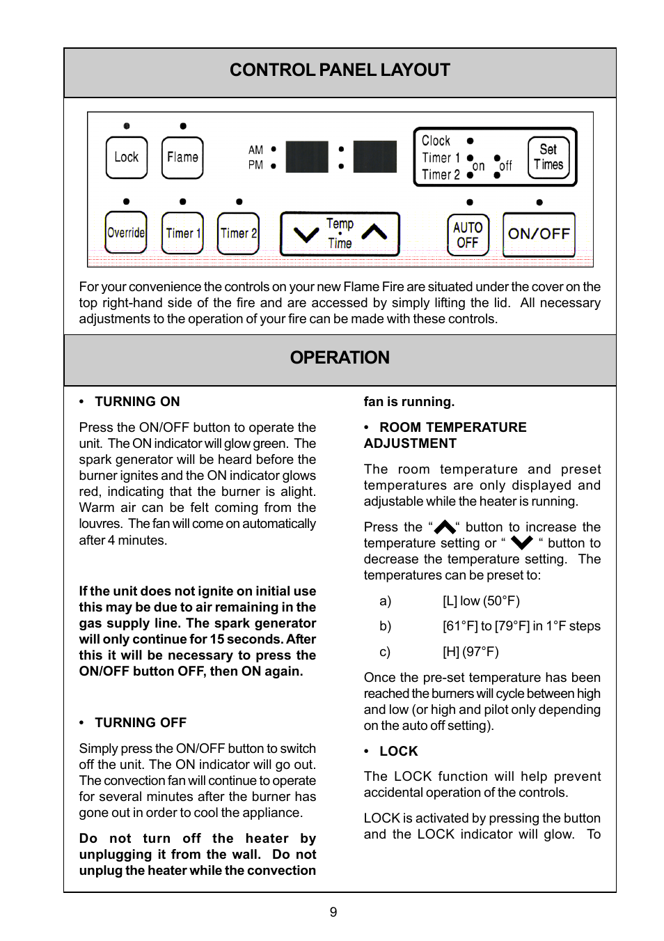 Operation control panel layout | Rinnai FS35ETRSN/US User Manual | Page 9 / 28