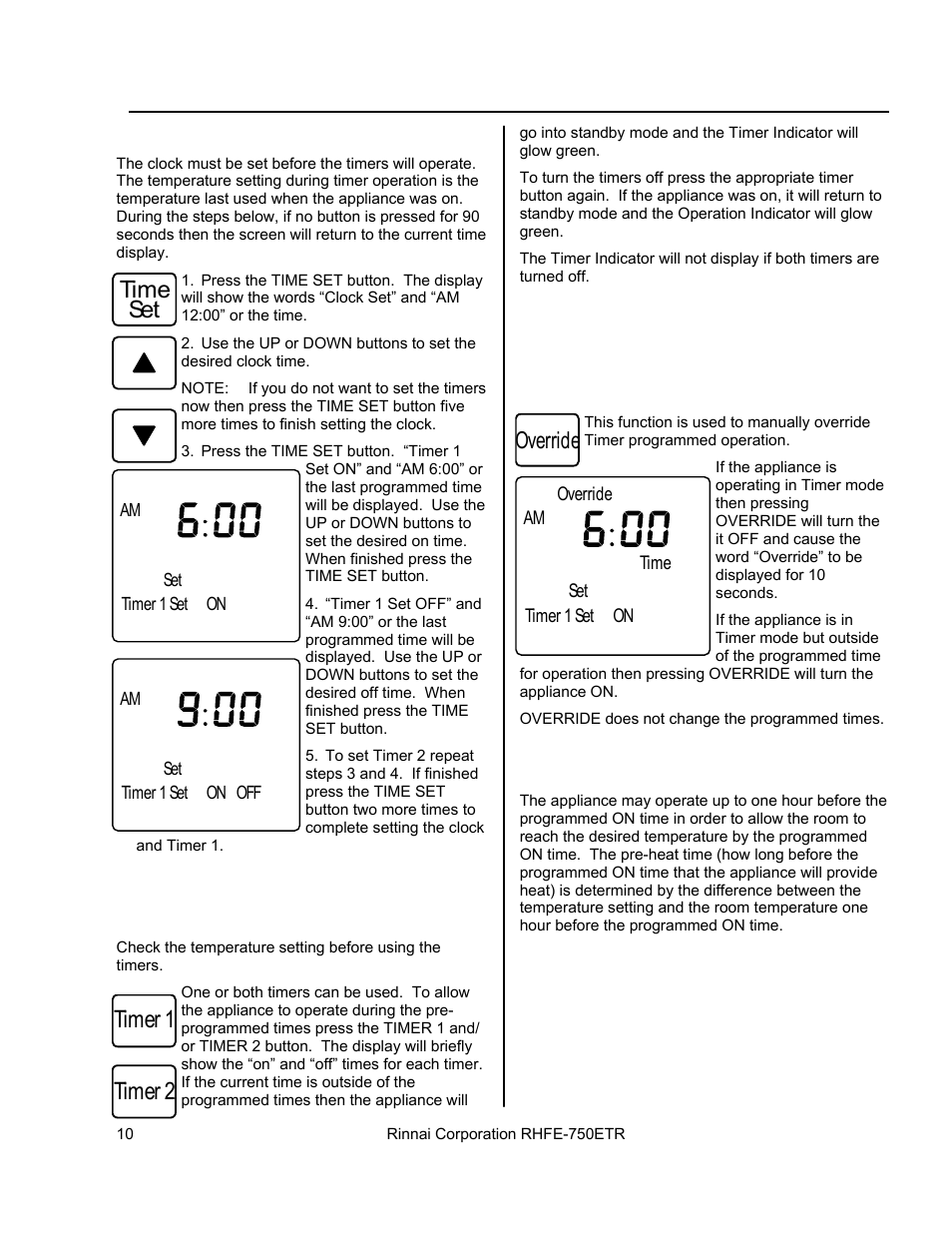 Timer 1 timer 2, Time set, Override | Rinnai RHFE-750ETR User Manual | Page 10 / 40