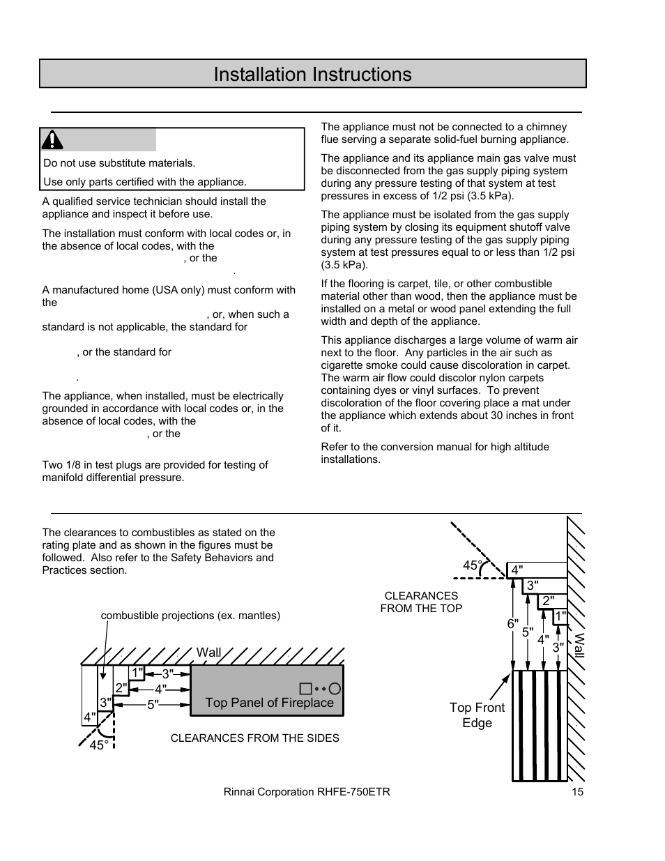 Installation instructions, Warning | Rinnai RHFE-750ETR User Manual | Page 15 / 40