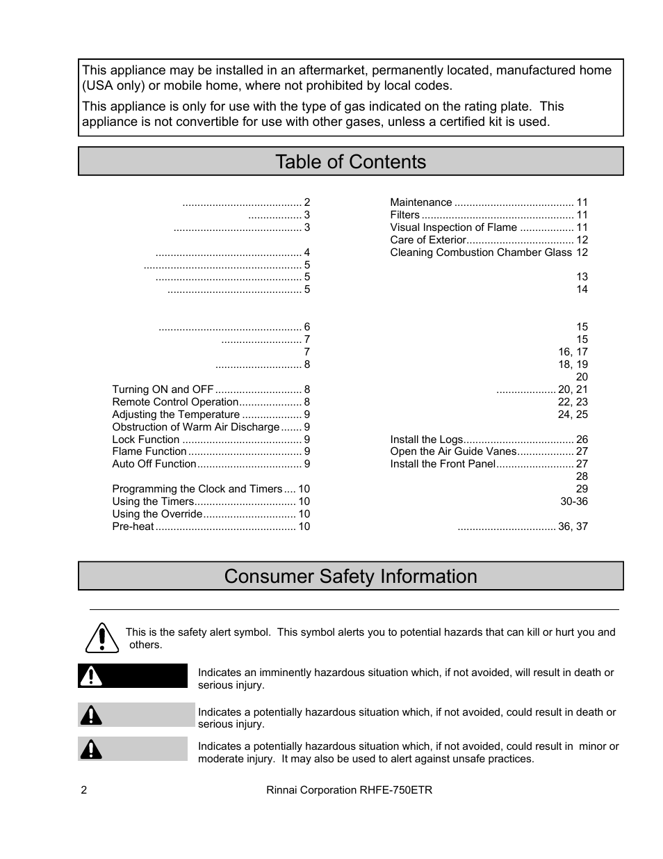 Table of contents consumer safety information, Caution warning danger, Safety definitions | Rinnai RHFE-750ETR User Manual | Page 2 / 40