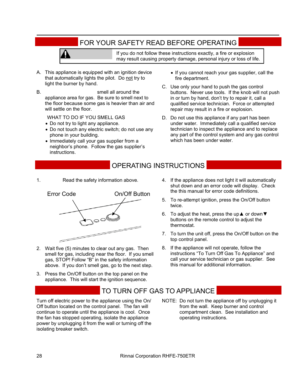 Warning | Rinnai RHFE-750ETR User Manual | Page 28 / 40