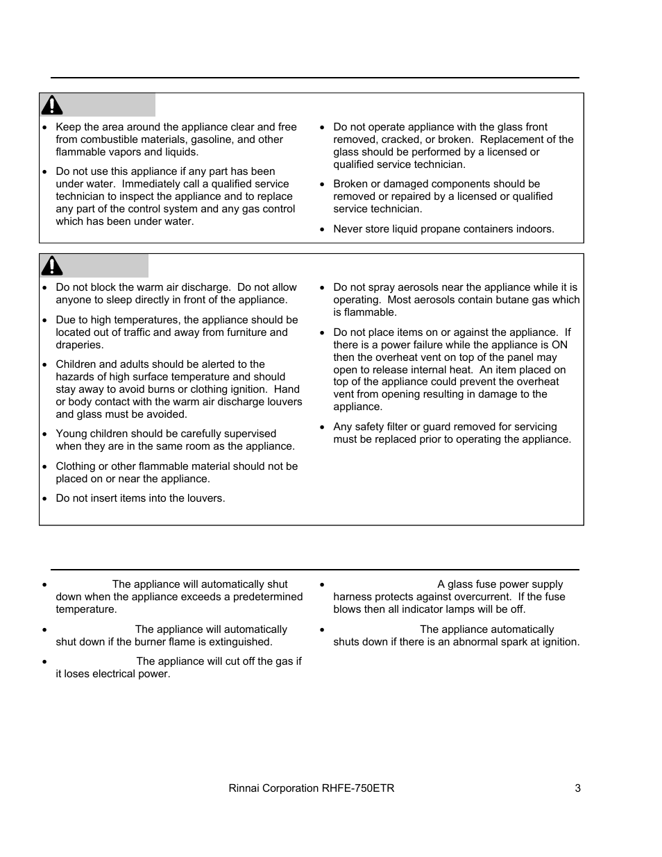 Warning, Caution | Rinnai RHFE-750ETR User Manual | Page 3 / 40