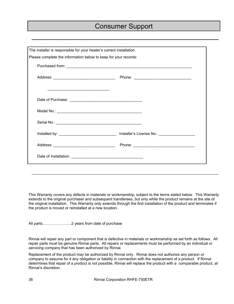 Consumer support | Rinnai RHFE-750ETR User Manual | Page 36 / 40