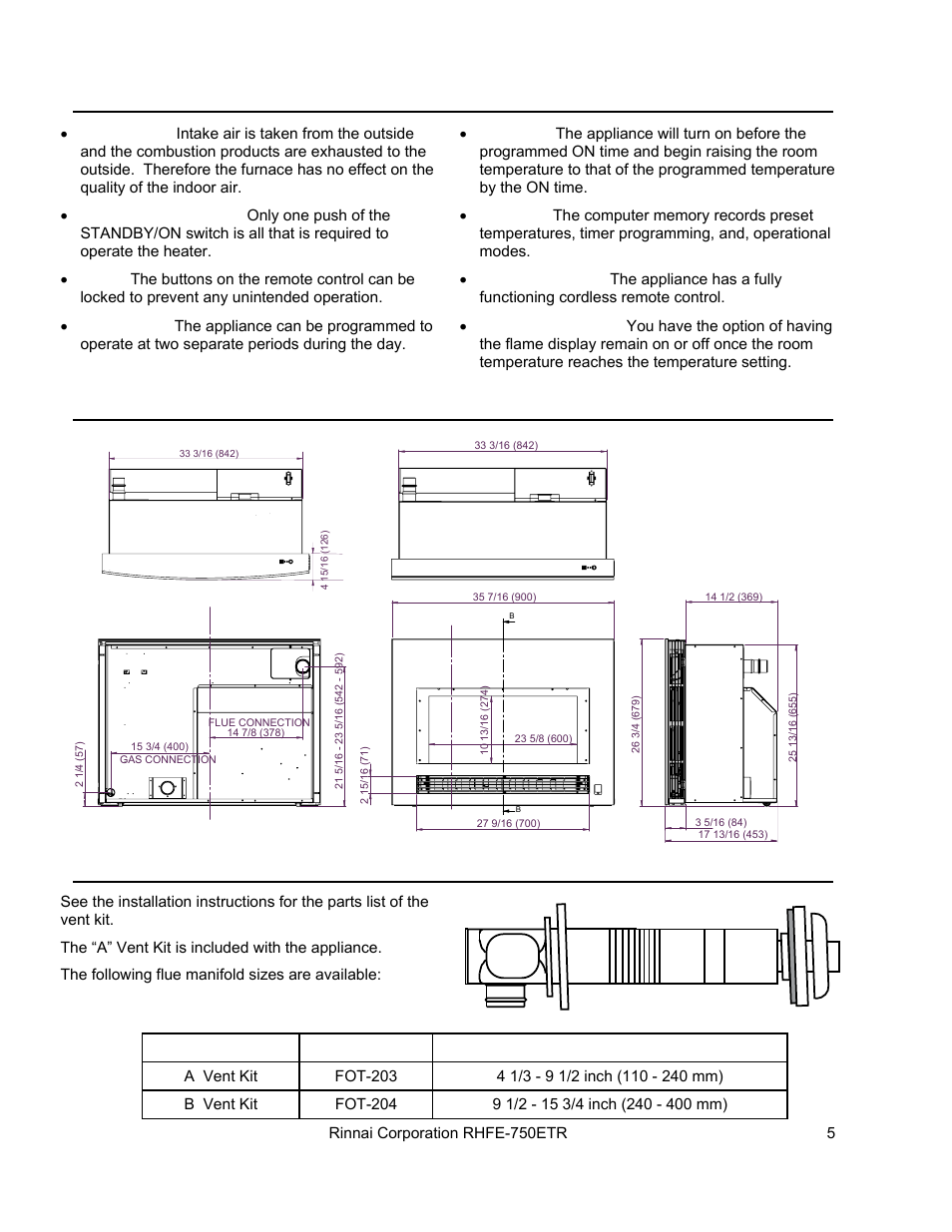 Features, Flue manifolds, Dimensions | Rinnai RHFE-750ETR User Manual | Page 5 / 40