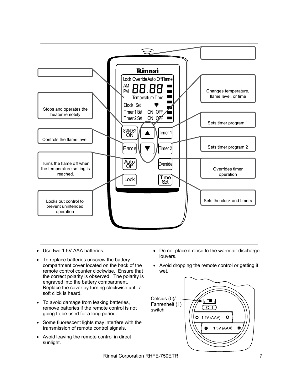 Remote control features, Remote control care | Rinnai RHFE-750ETR User Manual | Page 7 / 40