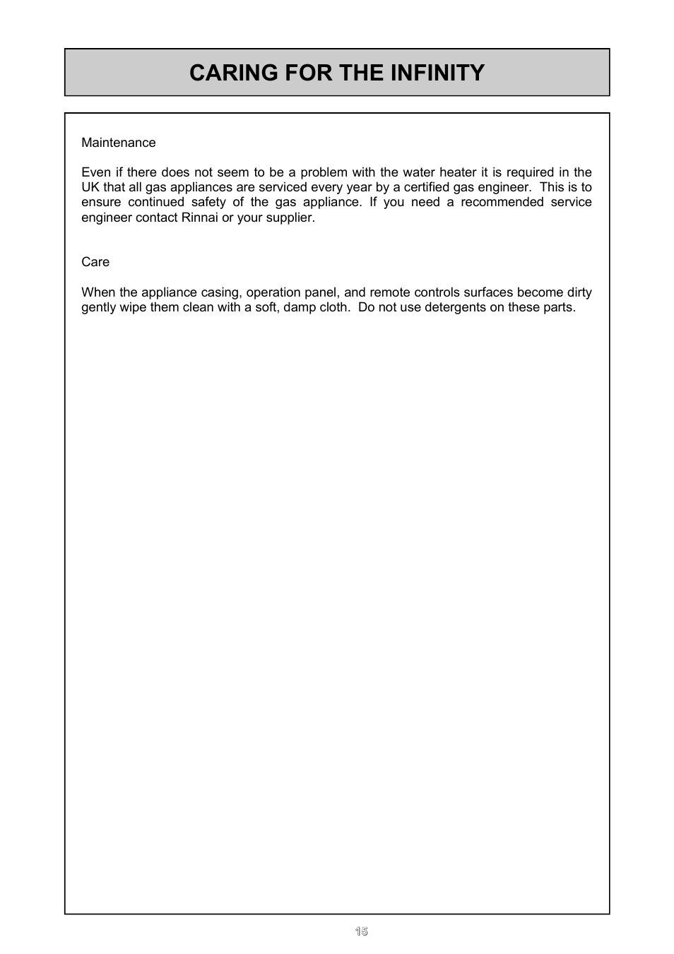 Caring for the infinity | Rinnai REU - 16 FUA - E User Manual | Page 15 / 51