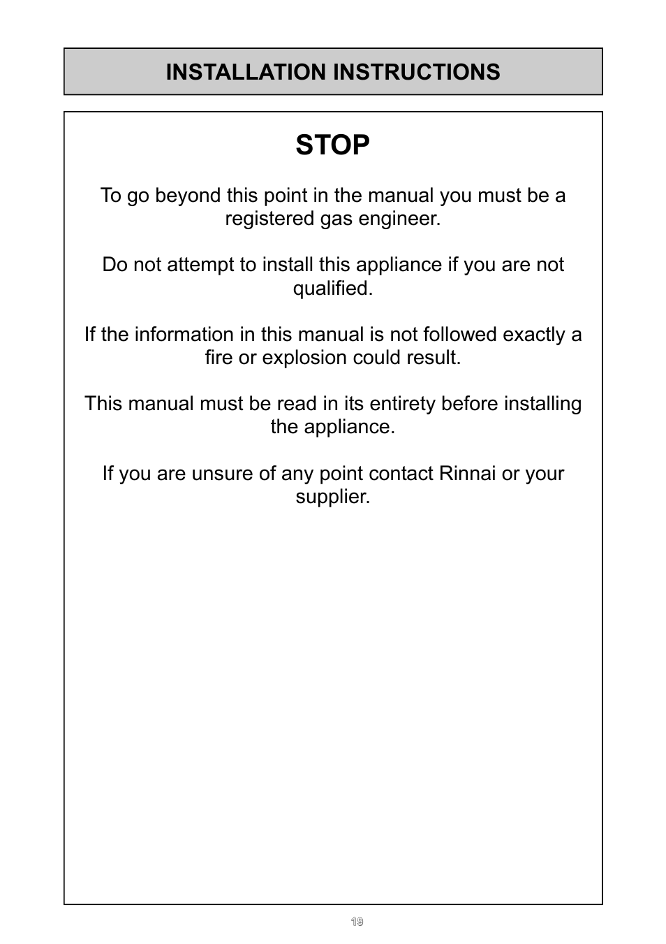 Stop, Installation instructions | Rinnai REU - 16 FUA - E User Manual | Page 19 / 51