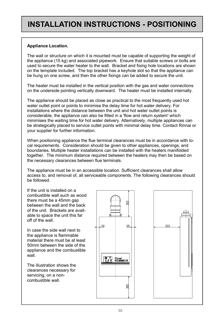 Installation instructions - positioning | Rinnai REU - 16 FUA - E User Manual | Page 25 / 51