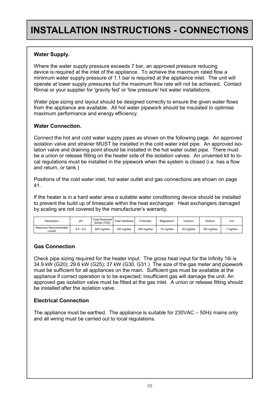 Installation instructions - connections, Water supply, Water connection | Gas connection, Electrical connection | Rinnai REU - 16 FUA - E User Manual | Page 26 / 51