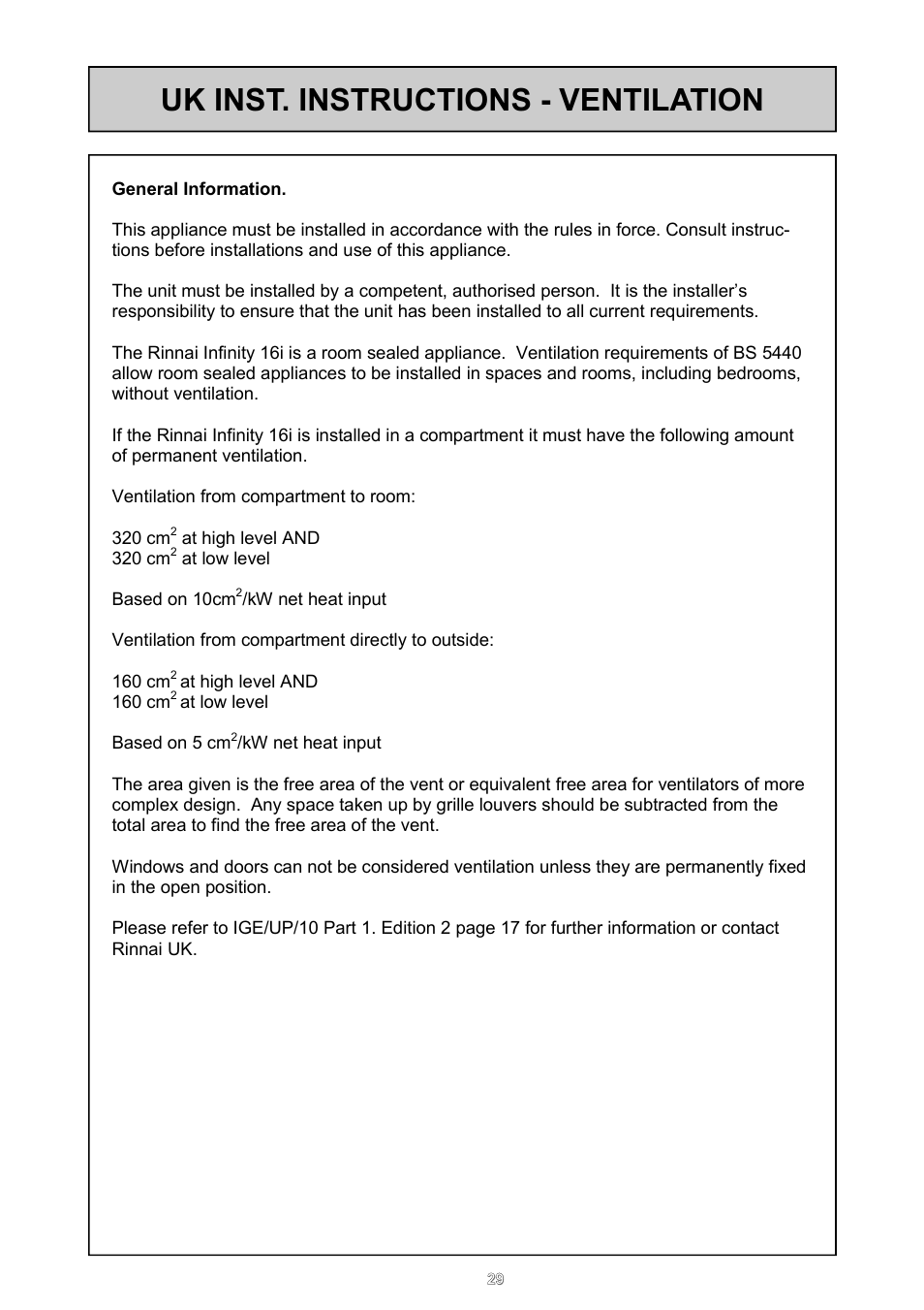 Uk inst. instructions - ventilation | Rinnai REU - 16 FUA - E User Manual | Page 29 / 51