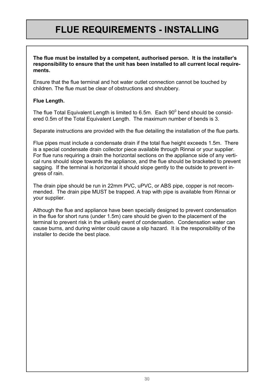 Flue requirements - installing | Rinnai REU - 16 FUA - E User Manual | Page 30 / 51