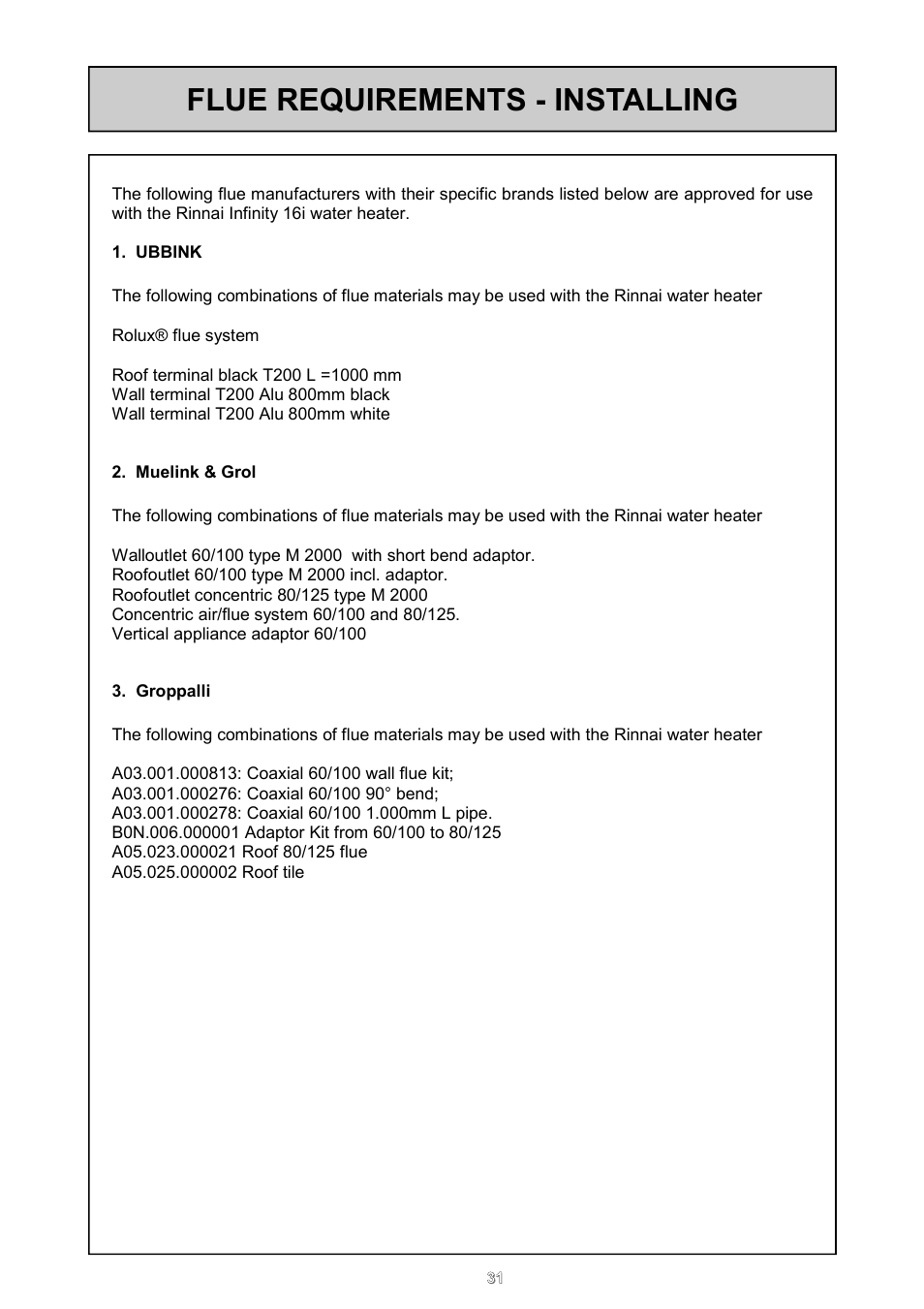Flue requirements - installing | Rinnai REU - 16 FUA - E User Manual | Page 31 / 51
