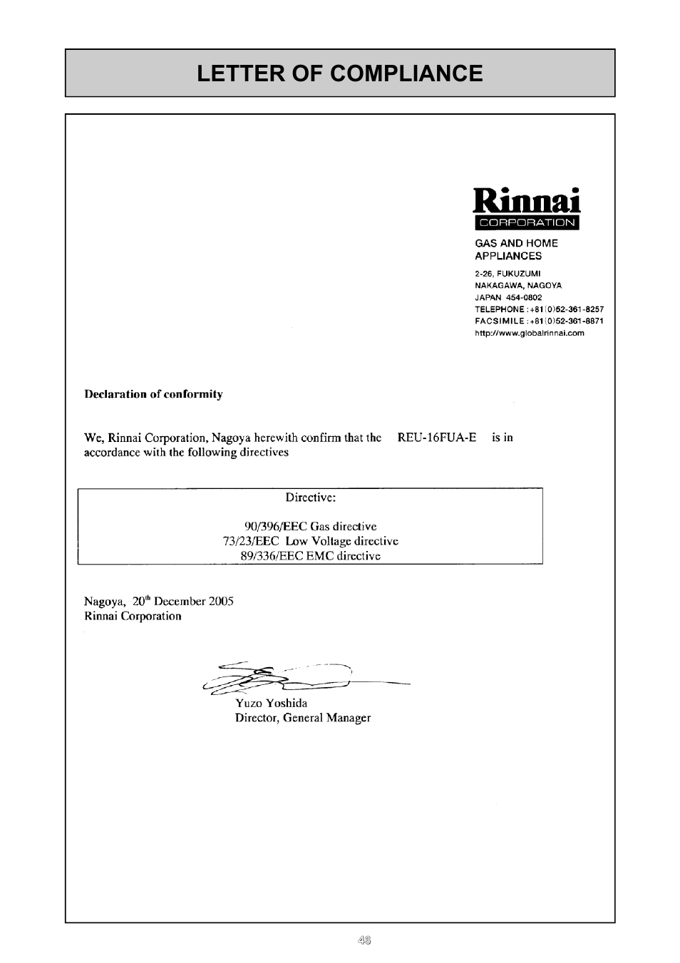 Letter of compliance | Rinnai REU - 16 FUA - E User Manual | Page 46 / 51