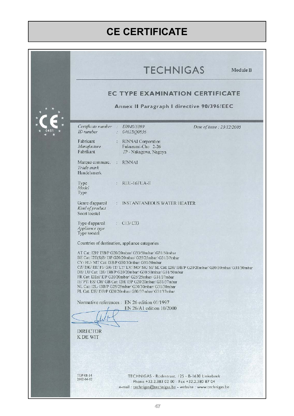 Ce certificate | Rinnai REU - 16 FUA - E User Manual | Page 47 / 51