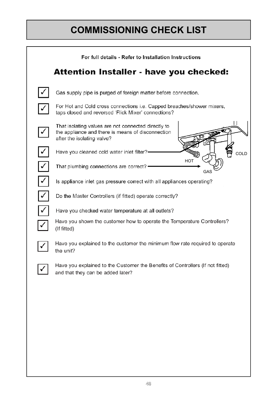 Commissioning check list | Rinnai REU - 16 FUA - E User Manual | Page 48 / 51