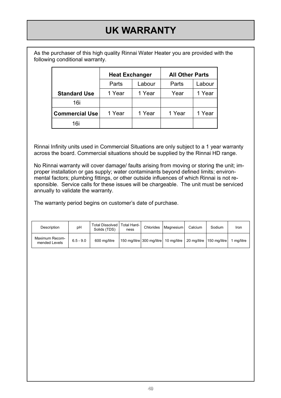 Uk warranty | Rinnai REU - 16 FUA - E User Manual | Page 49 / 51