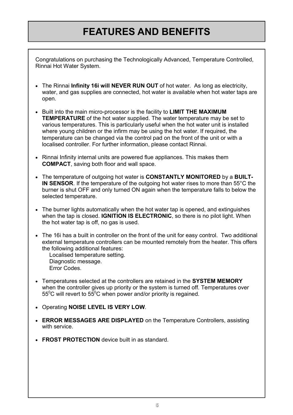 Features and benefits | Rinnai REU - 16 FUA - E User Manual | Page 5 / 51