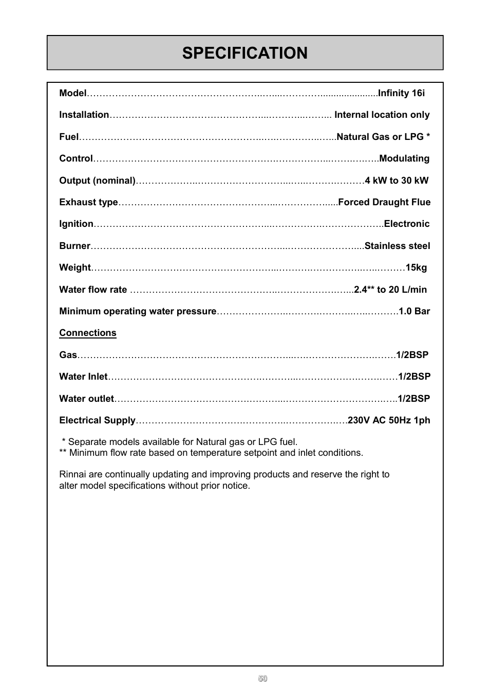 Specification | Rinnai REU - 16 FUA - E User Manual | Page 50 / 51
