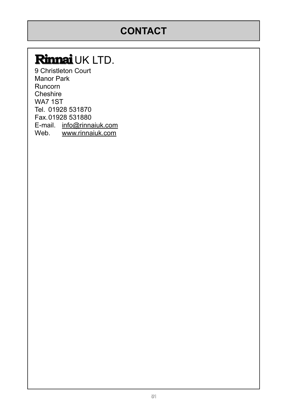Rinnai, Uk ltd | Rinnai REU - 16 FUA - E User Manual | Page 51 / 51