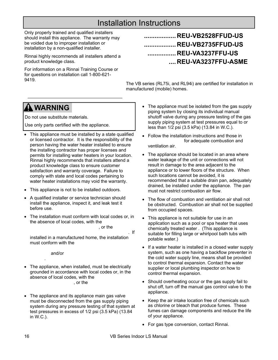 Installation instructions, Warning, General instructions | Rinnai R98LSI User Manual | Page 16 / 72