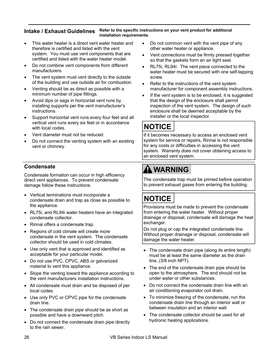 Notice, Warning, Venting instructions | Rinnai R98LSI User Manual | Page 26 / 72