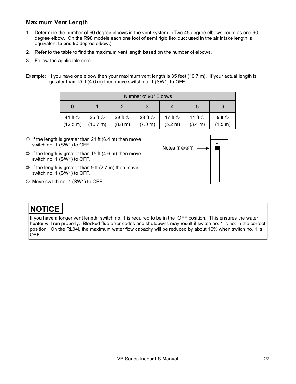 Notice, Maximum vent length | Rinnai R98LSI User Manual | Page 27 / 72