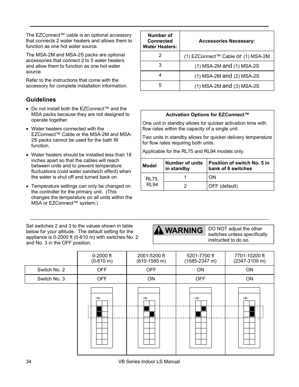 Warning, High altitude installations, Connecting multiple water heaters | Rinnai R98LSI User Manual | Page 34 / 72