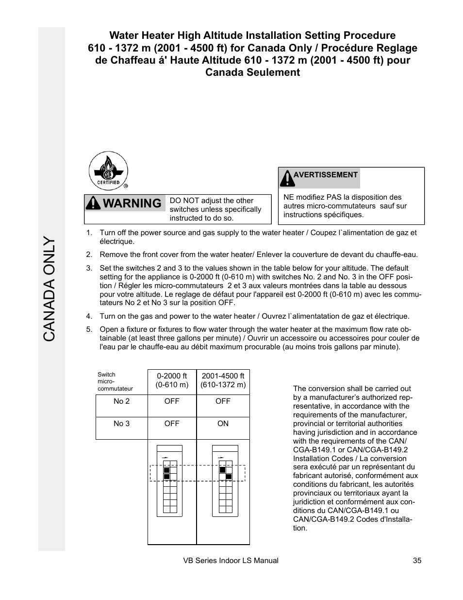 Canada onl y, Warning | Rinnai R98LSI User Manual | Page 35 / 72